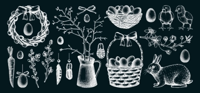 Collection of cute Easter characters and spring decor elements. Hand drawn bunnies, eggs, chickens, flowers and flowering trees isolated on white background. Vector holiday sketches on chalkboard